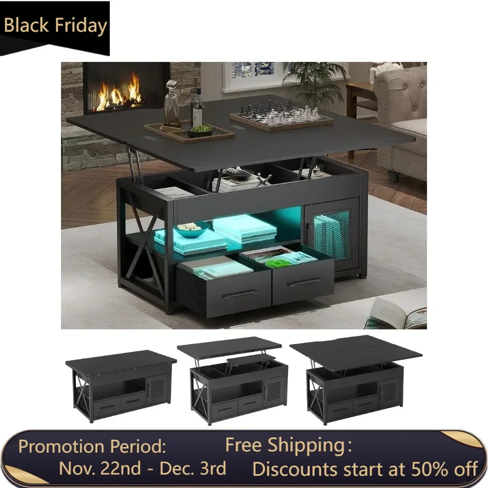 4-in-1 adjustable living room table with living room storage cabinet, 2 fabric drawers, and dining room LED lights