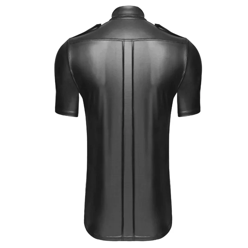 Summer Mens PU Leather Black Blouse Slim Fit Short Sleeve Turn-down Collar Shirt Mens Clothing Cool Mens Casual Blouse