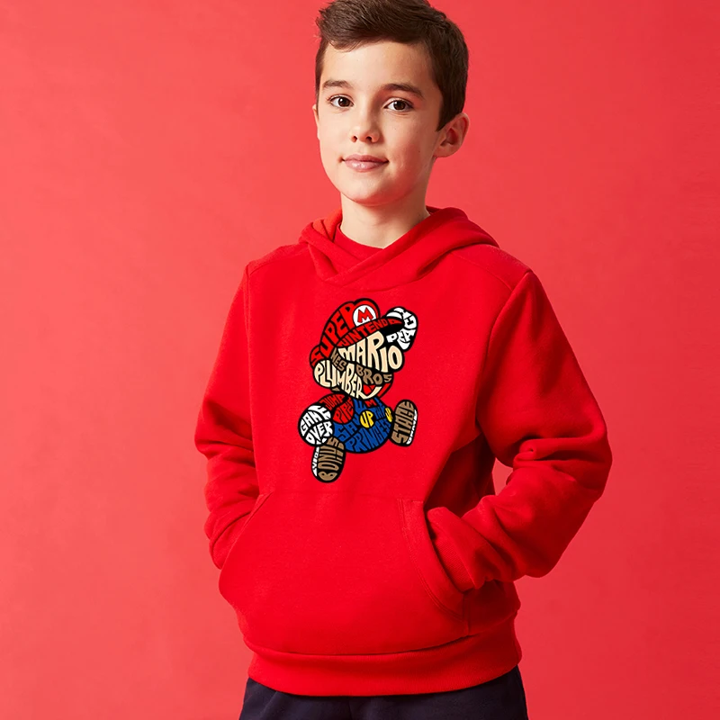 Mario print children's clothing kids plus velvet hoodie autumn and winter sports sweater red top for boys