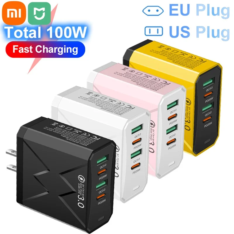 

Xiaomi 100W Mobile Phone Charger 2USB+2PD Multi Port Tablet Plug EU/US/UK Plug Super Fast Charging Charger For Samsung Iphone