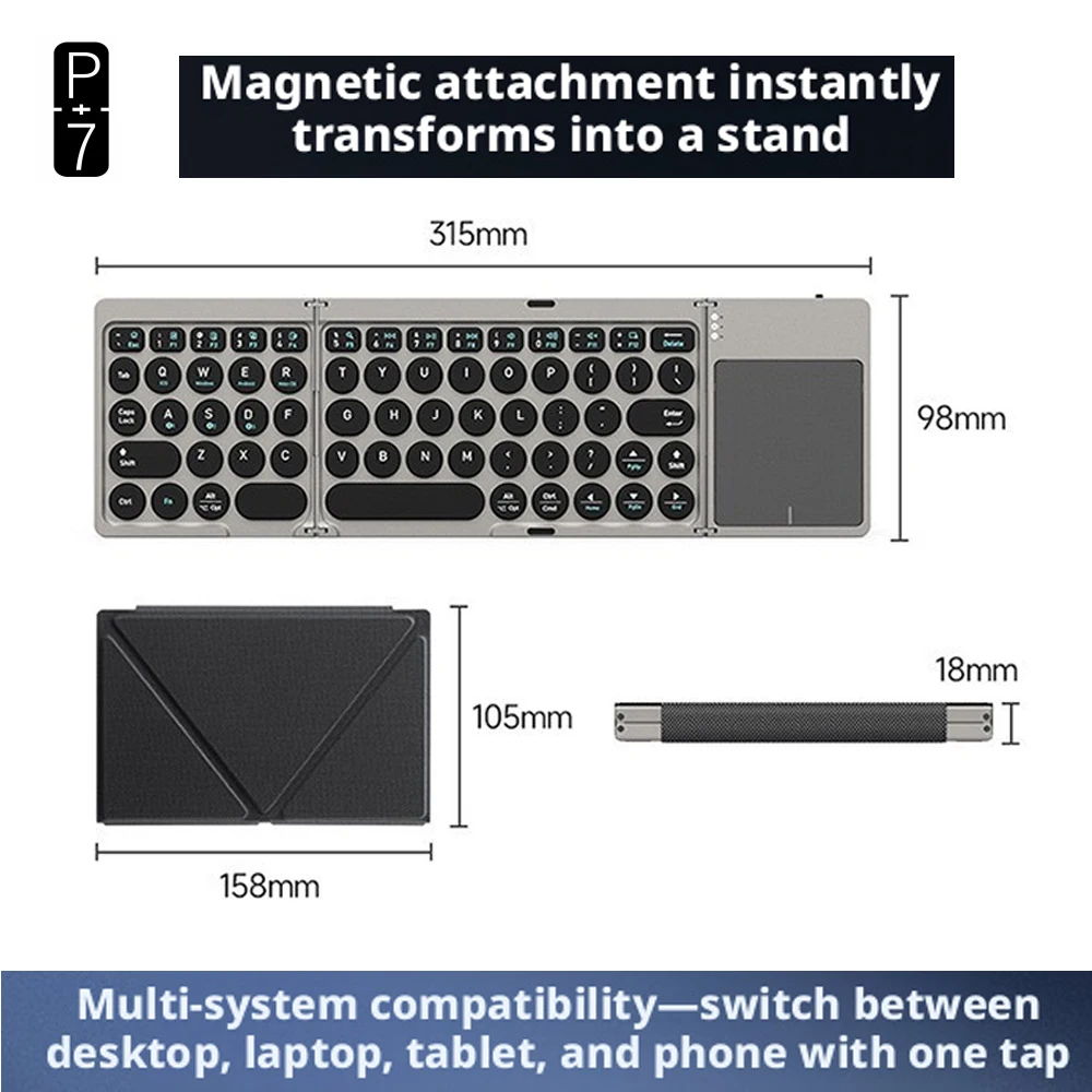 P+7 Three Foldable Bluetooth Keyboard With Case Support Multisystem Multidevice Silent Keys Touchpad Included Keyboard