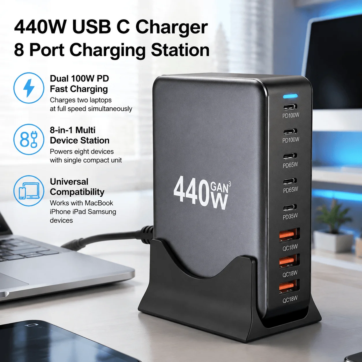 440W USB C Charging Station 8 Port PD Fast Charger Multi Device Laptop Hub For MacBook Pro iPhone iPad Android Travel Adapter