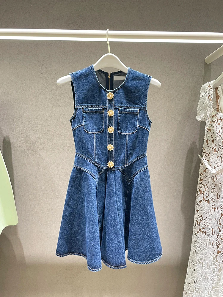 

Blue Diamond Button Faionable Vest Dr Women's High Waist Knitted Fabric A-Line Skirt ort Sve round Ne Dr