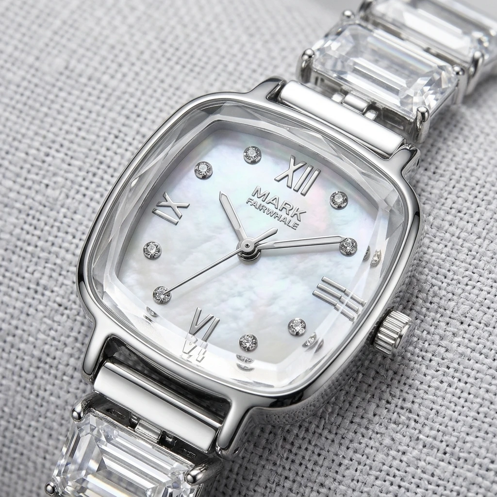 Luxury Female Quartz Watch Mark Fairwhale Cushion Shape Mother of Pearl Dial Baguette Rhinestone Bracelet Ladies Wristwatch