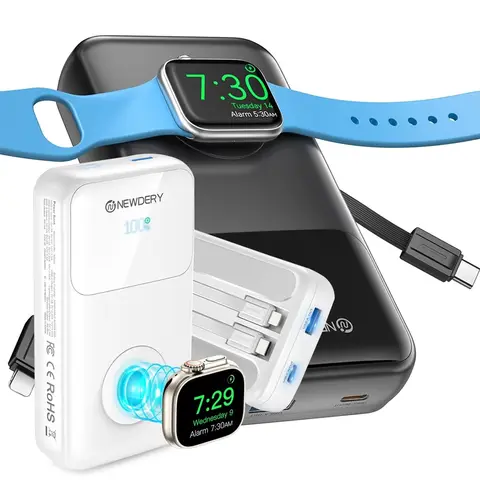 NEWDERY Portable Charger 10000mAh Power Bank for Apple Watch 20W Fast Charging Built-in USB-C Cable Battery Pack for Apple Watch, iPhone 17 16 15 14 13, Samsung etc