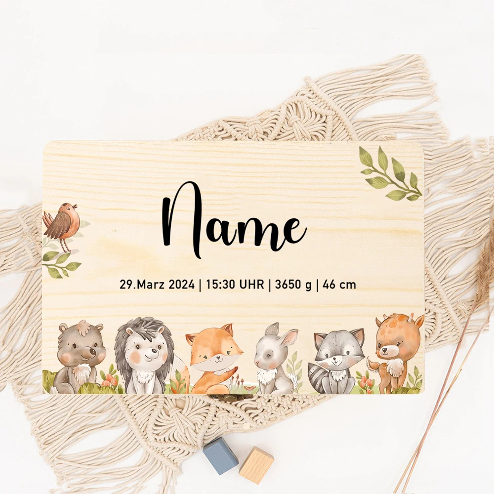 Caja de almacenamiento personalizada de animales del bosque, caja conmemorativa con nombre y fecha de nacimiento, caja de memoria de madera, regalo