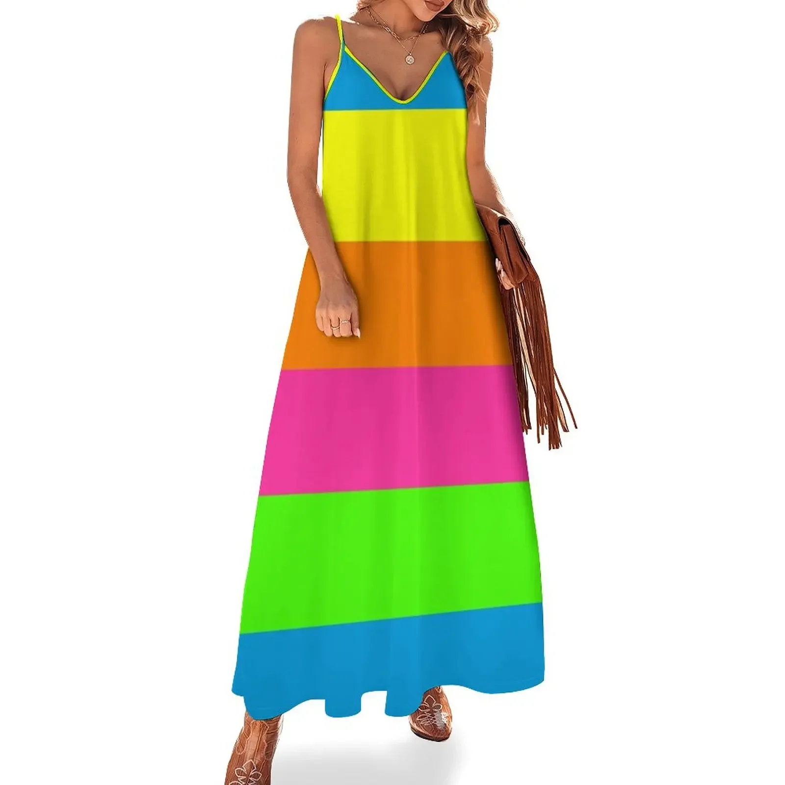 

PLAIN SOLID NEON FLUORESCENT RAINBOW STRIPES 5 COLORS Sleeveless Dress long dress women summer women's suit