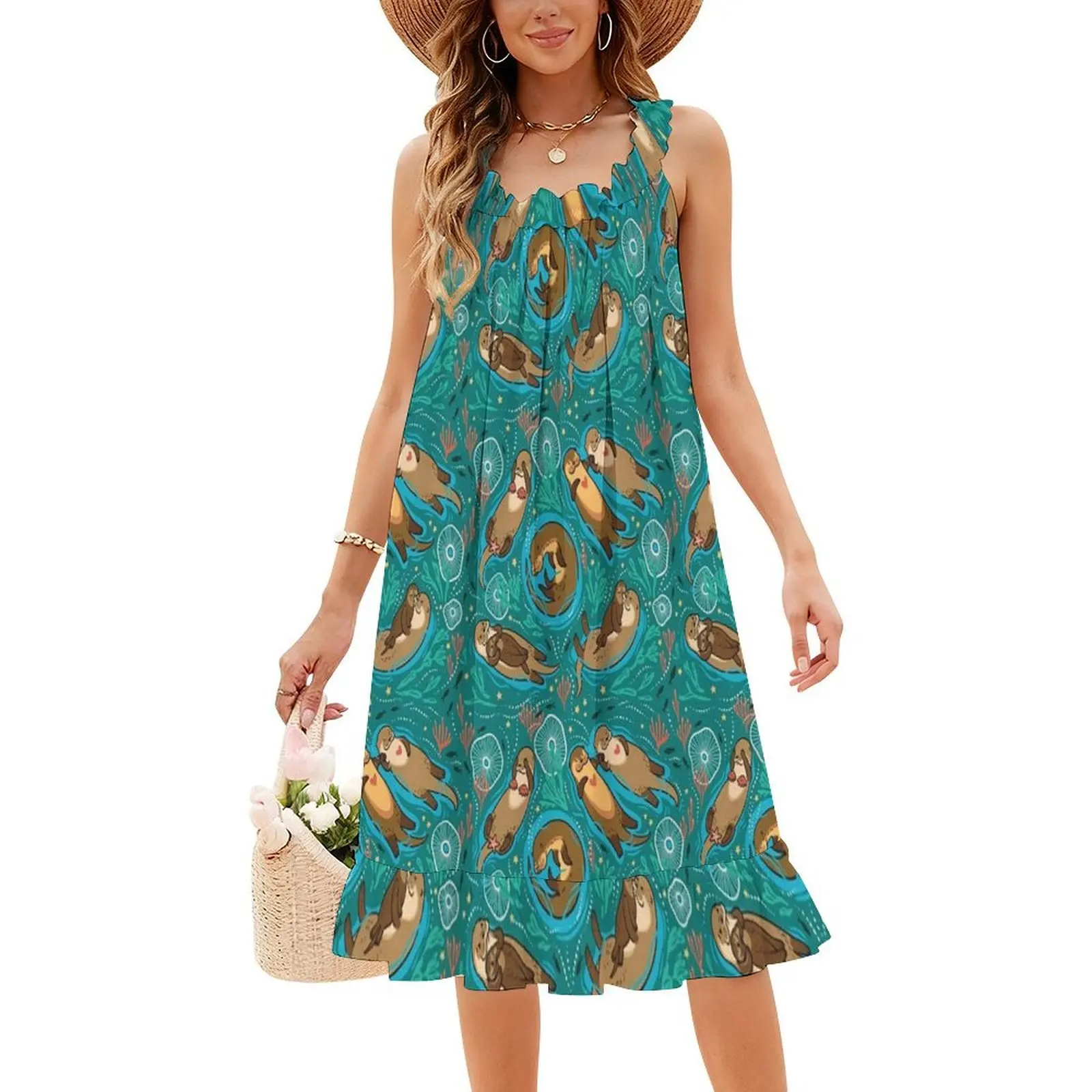 فستان حفلات أنيق للنساء من Otters فستان على شكل حرف a مع خيارات قصيرة/طويلة/بدون أكمام نمط Otter Animal Aquatic Family Fun #4