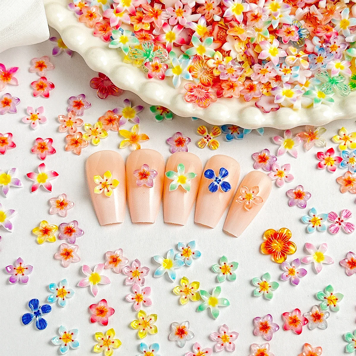 50pc Mixed Flowers Nails Charm Design 3d Nail Art Decorations Kawaii Color Five-Petal Flower Manicure Parts Фигурки Для Ногтей