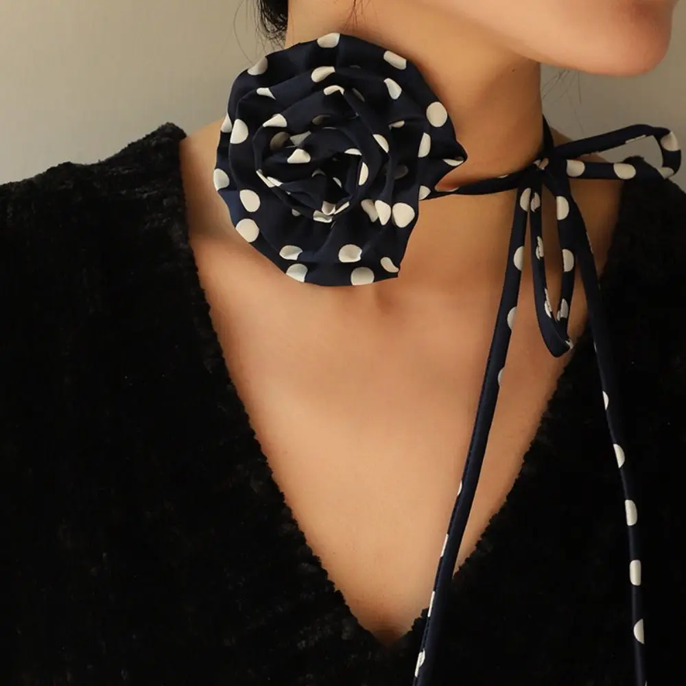 Exaggerated Big Rose Clavicle Chain Adjustable Romantic Polka-dot Rose Choker Temperament Chiffon Bow Necklace Girl