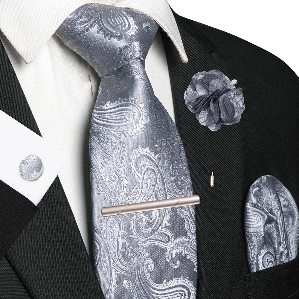 Männer Krawatten Paisley Gewebte Krawatte Set Einstecktuch Manschettenknöpfe Brosche Krawatte Clip für Hochzeit Party Bräutigam Zubehör Geschenk 5PCS – Detail 4