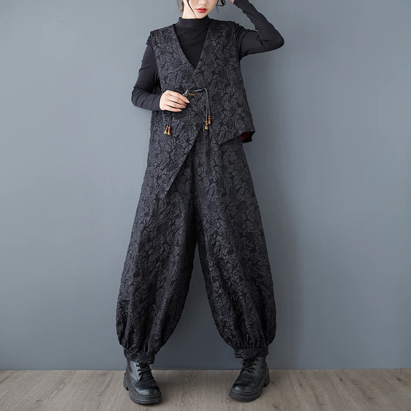 Casual Artistic Vintage Floral Embroidery Asymmetrical Loose Women's Vest High Waist Trousers Two-Piece Set Faionable Ensemble