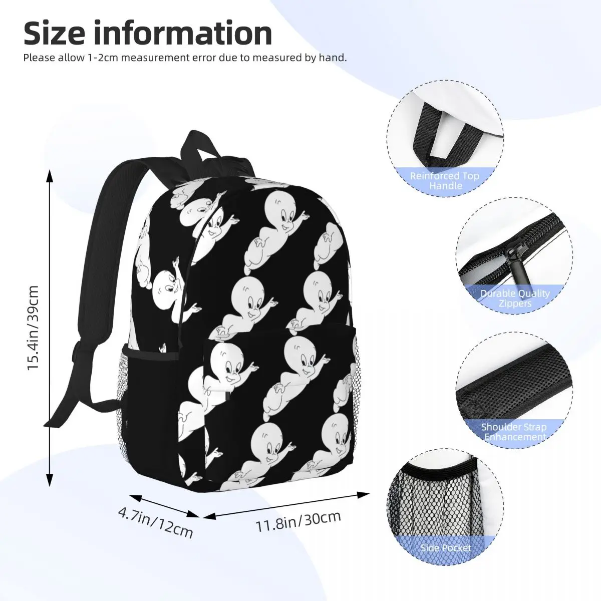 Casper The Friendly Ghost 90s Backpack Daypack Large Capacity Boys Girls BookBag Shoulder Bags for Men Women Children School Bag