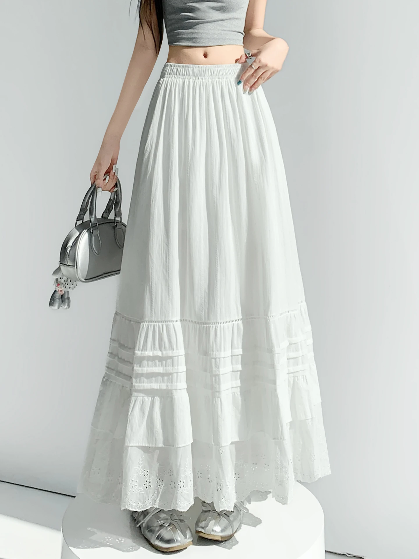 

Белая кружевная юбка-кейк с вставками для женщин, летняя, с нежным цветочным узором, ажурная, А-силуэт, расклешенная, с высокой талией