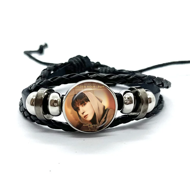 KPOP ATEEZ GOLDEN HOUR Black Leather Bracelets Glass Dome Multilayer Braided Bangles Jewelry Gifts