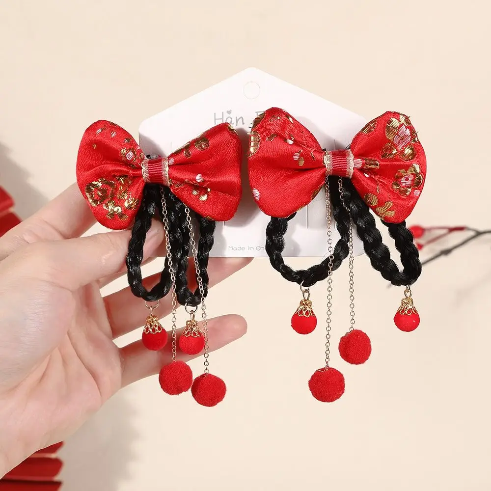 Chinese Style Children's New Year Hairpin Tang Suit Sweet Wig Braid Barrettes Cute Hanfu Headwear Red Bow Hair Clip Kids