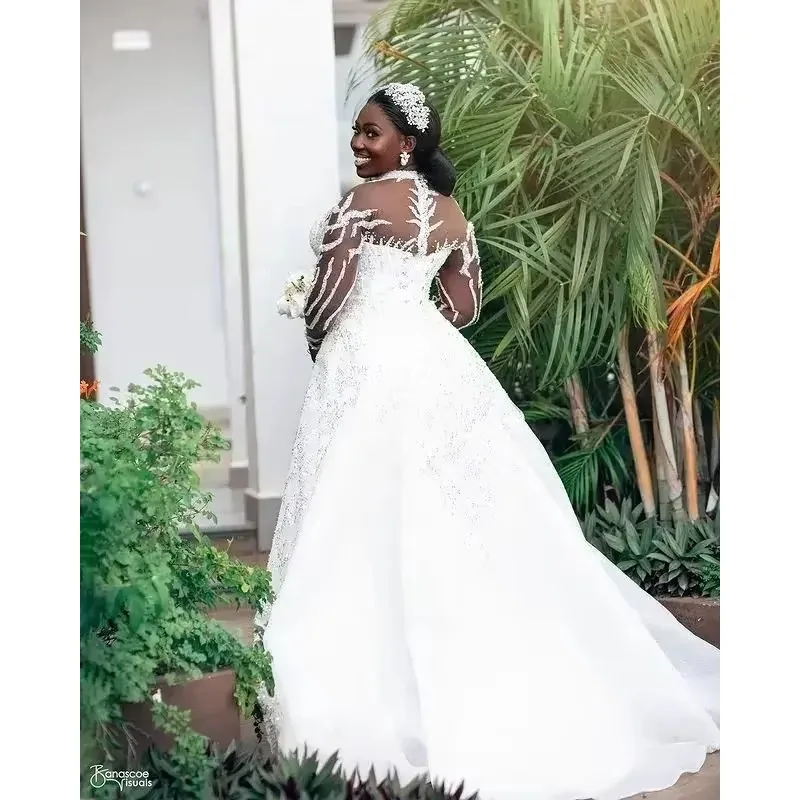 Customized Plus Size White Mermaid Wedding Dresses Luxury Long Sleeves Plus Size Lace Beaded Bridal Gowns Robe De Marriage