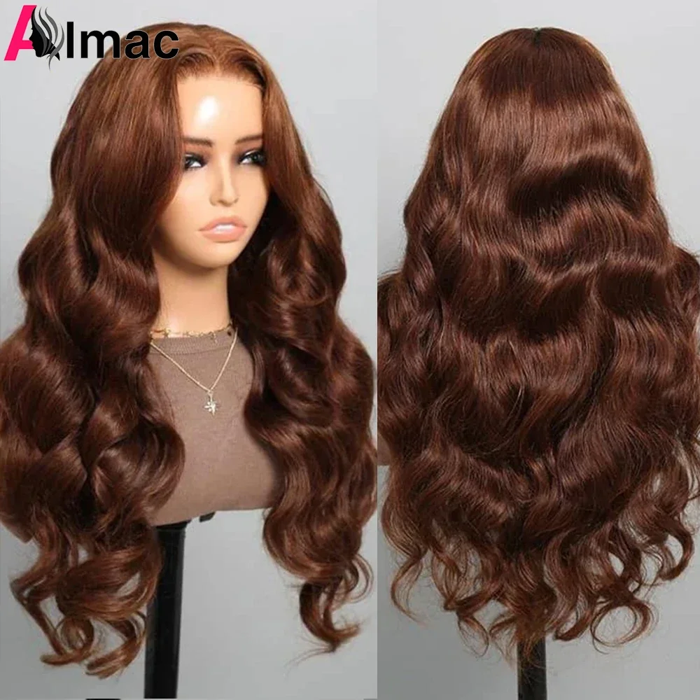

200% Density Brown Color Body Wave Lace Frontal Human Hair Wigs For Women Raw Indian Hair 4x4 Closure Wig Pre-Plucked 12-26 Inch