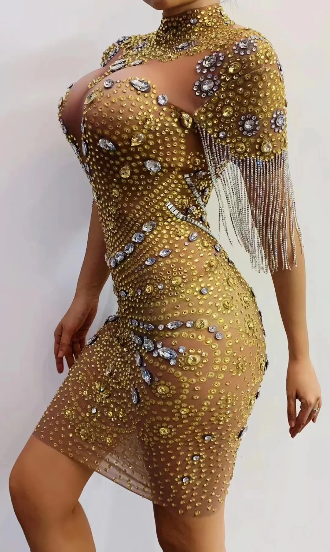 Body Sexy en maille avec gros cristaux brillants, franges en strass scintillants, tenue de soirée en boîte de nuit, spectacle sur scène de chanteur