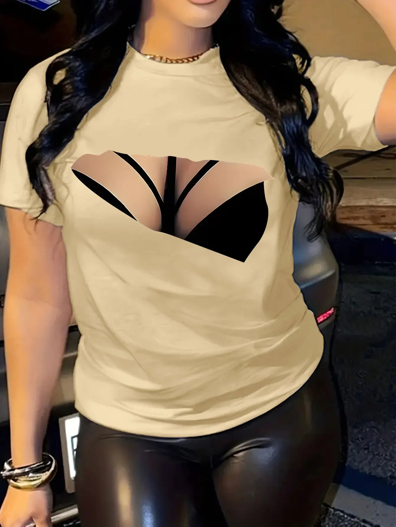 Women Funny Optical Illusion Fake Bra Print T‑Shirt Crew Neck Short Sleeve Casual Ladies Novelty Top 100% Cotton