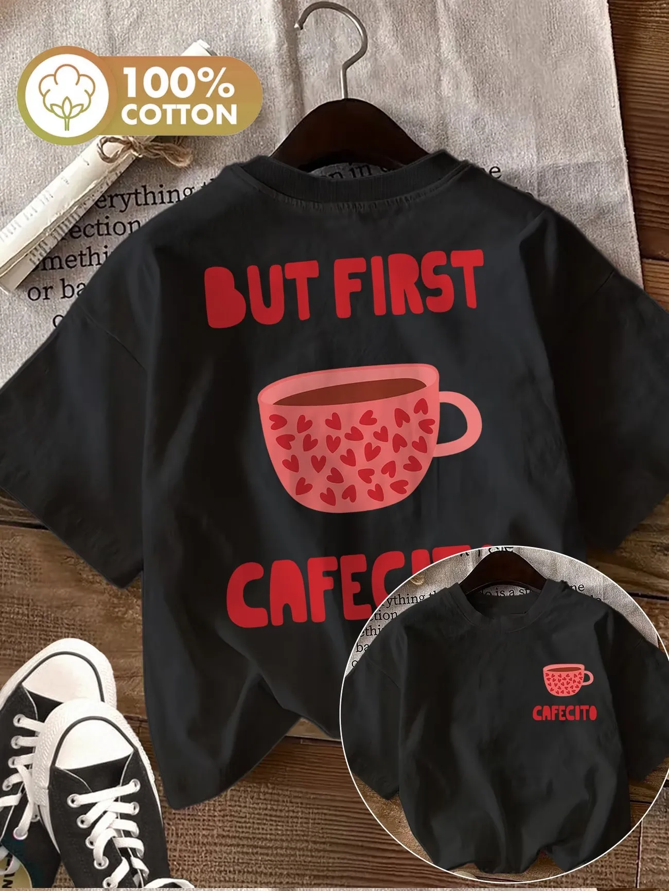 But First Cafecito Coffee Grafik-T-Shirt für Damen, Baumwolle, Harajuku, Kawaii, Herz-Tasse-Aufdruck, Rundhalsausschnitt, kurz, für den Alltag, Basic-Mode-Top – Detail 3