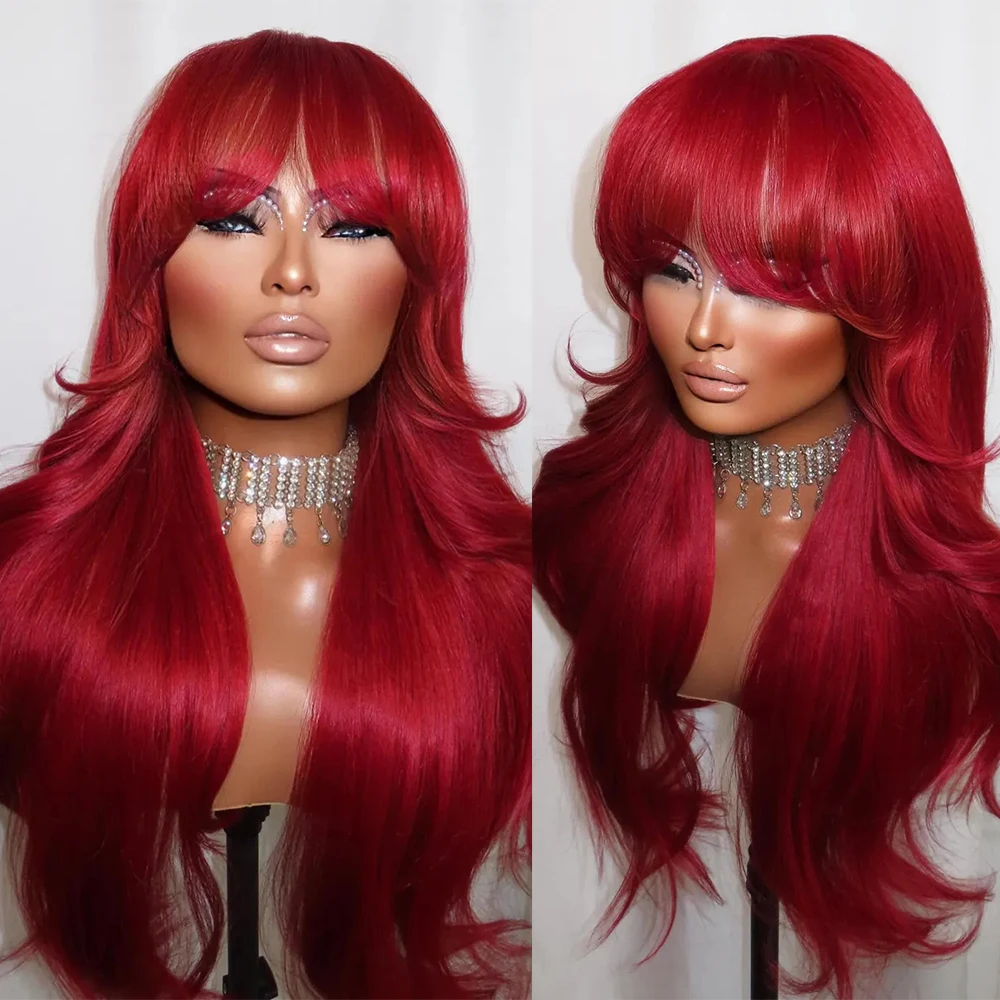 Hot Scarlet Bright Red Synthetic Lace Front Wig with Layered Curtain Bangs Sexy Glueless Bang Wig Ready to Wear Styled Long Wavy