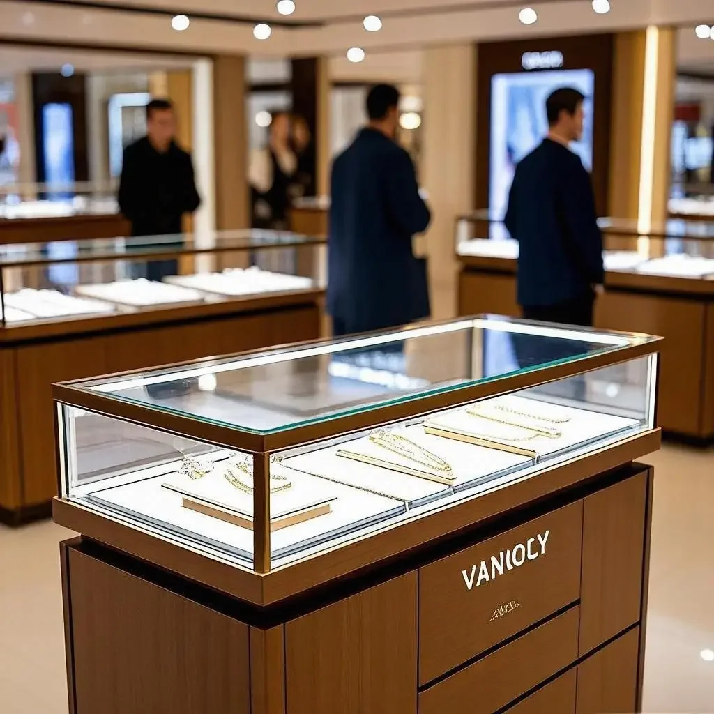 Custom Stainless Steel Jewelry Showcase Store Glass Display Cabinet with LED Lighting Shopping Mall Shop Furniture Design