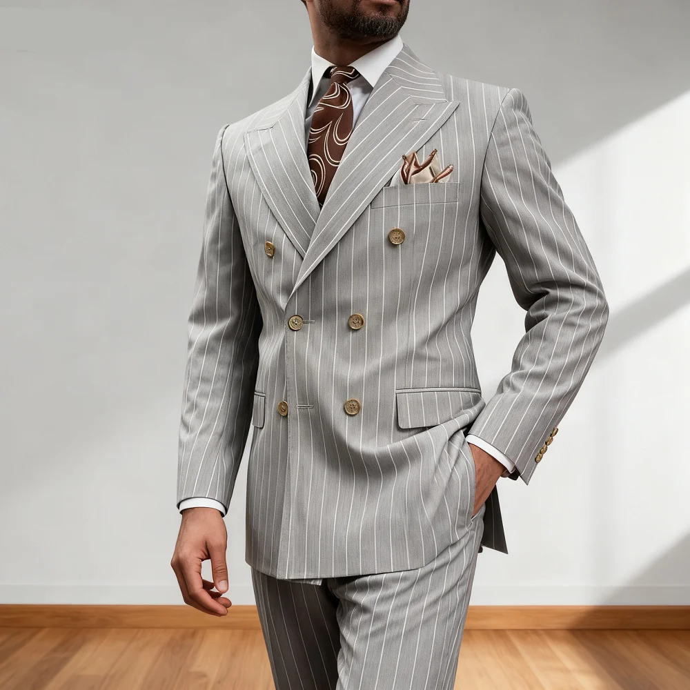 

2-Piece Light Grey Striped Men's Tuxedo Fine Fit Peak Lapel Double Breasted Blazer Wedding Business Suit Ensemble