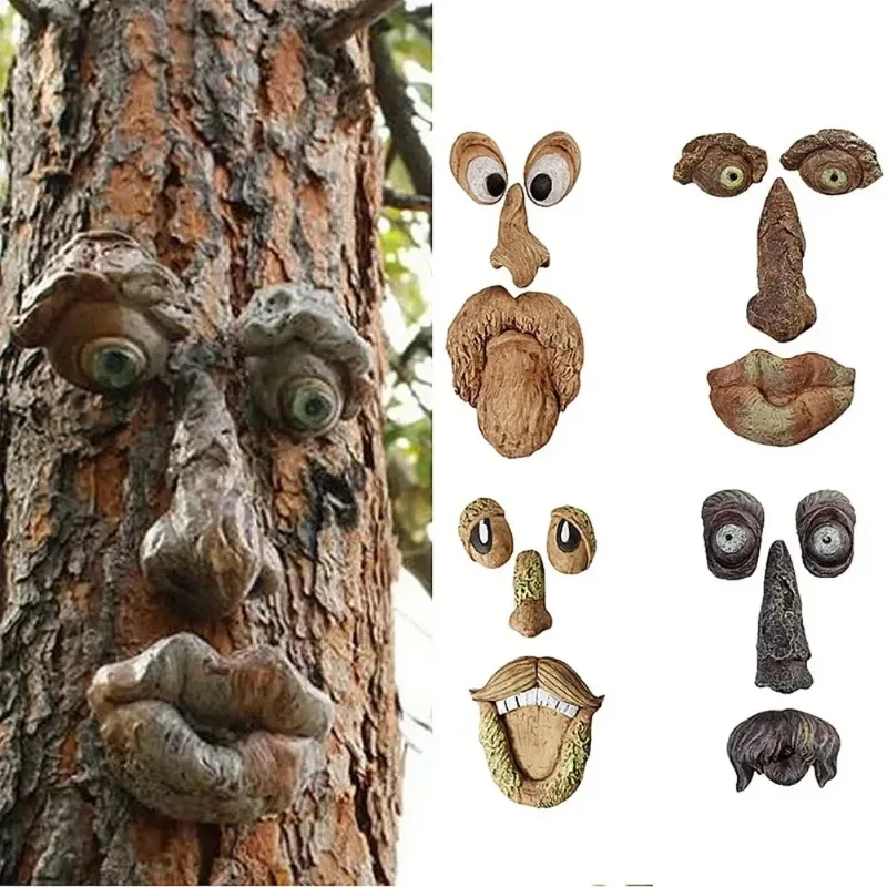 Tree Faces Decor Outdoor,Luminous Monster Facial Features Resin Ornaments,Old Man Tree Hugger Bark Ghost Face Decoration