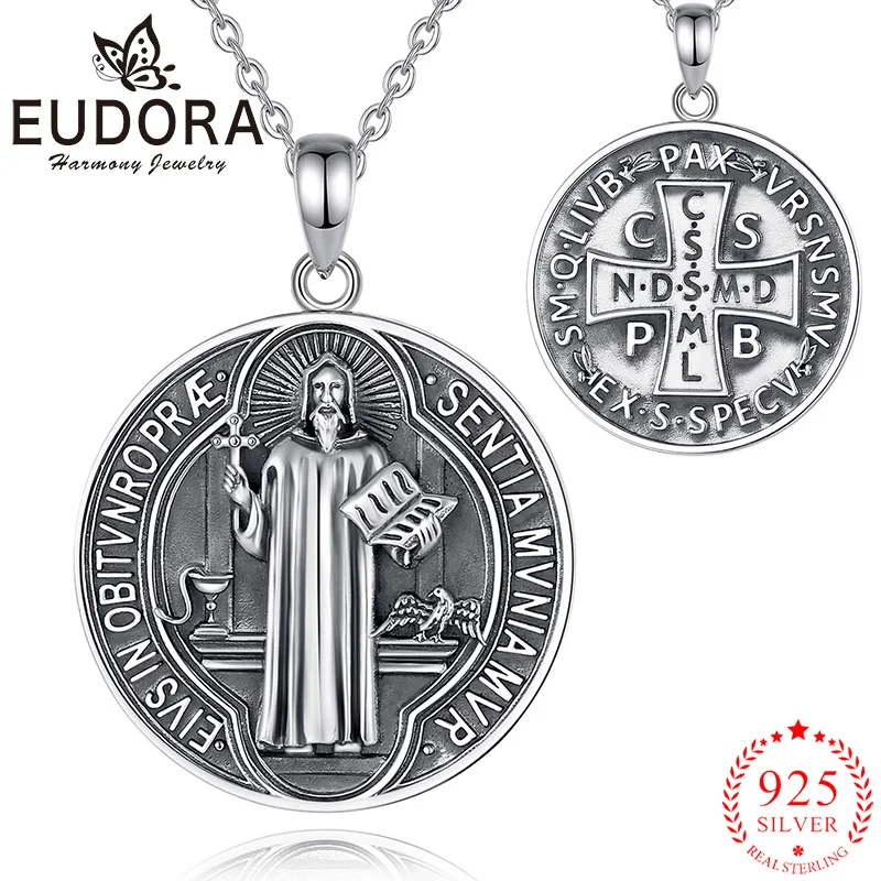 

Eudora 925 Sterling Silver Saint Benedict Necklace Cross Amulet Men Women Pendant Religious Jewelry Vintage Personality Gift