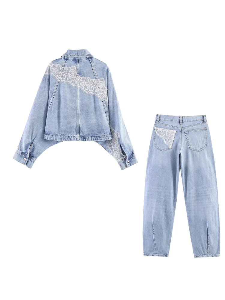 HH Spring Women Chic Single-breasted Lace Lapel Long Sleeve Short Denim Jacket+Loose Mid-rise Hole Decoration Jeans 2-Piece Set view 4