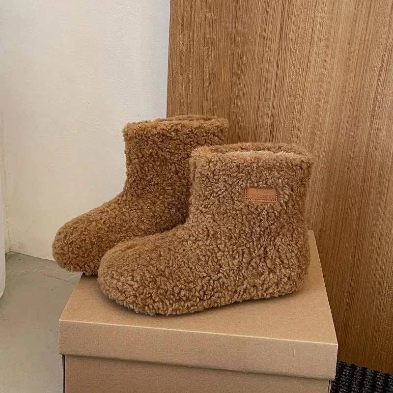 2025 New Padded Thickened Snow Boots Women Flat Bottom Winter Warm Lamb Wool Cotton Bottines Casual Furry Soft Bottes Femmes
