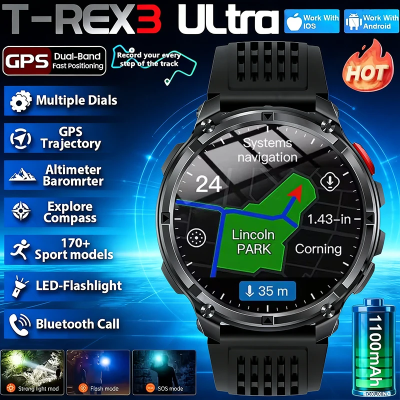 2026 New T-Rex3 Pro 1100mAh Battery Smart Watch GPS path 5ATM Waterproof Sports Run tracker Outdoors Compass Military Smartwatch