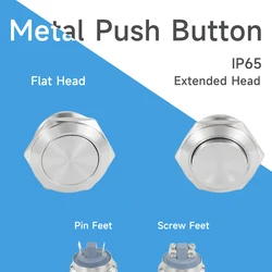 16mm 19mm 22mm metal push button switch on off power Waterproof screw Needle foot Flat extended Head 6v 12v 24v 110v 220v ip67