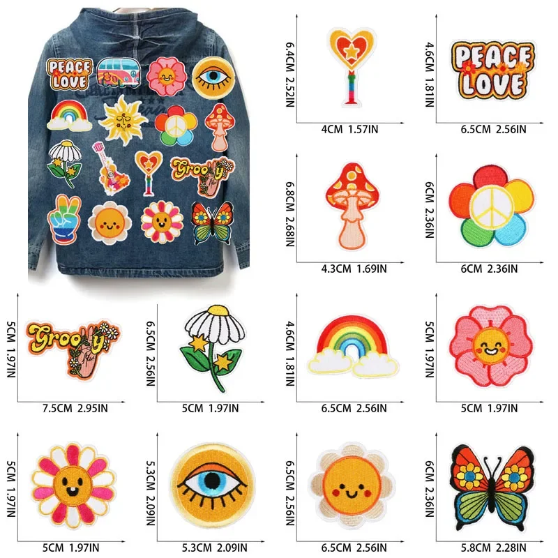 1Pcs Patch Stickers Iron On Patches for Clothing Sewing Sun Peace Music Embroidery Fusible Applique Badge Bag Decoration Stripes