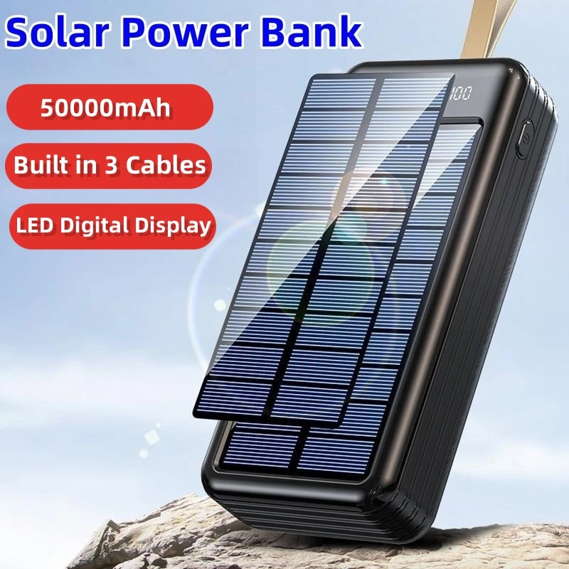 

Portable Solar Power Bank 50000mAh 4 USB Powerbank Fast Charge for iPhone 15 Samsung Huawei External Battery Pack Built in Cable