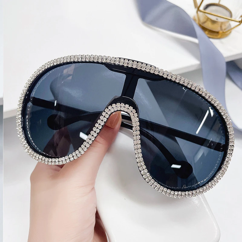 Oversized One-Pieces Diamond Yellow Sunglasses Luxury Designer Women Shades Sun Glasses For Summer Beach Lentes de sol mujer