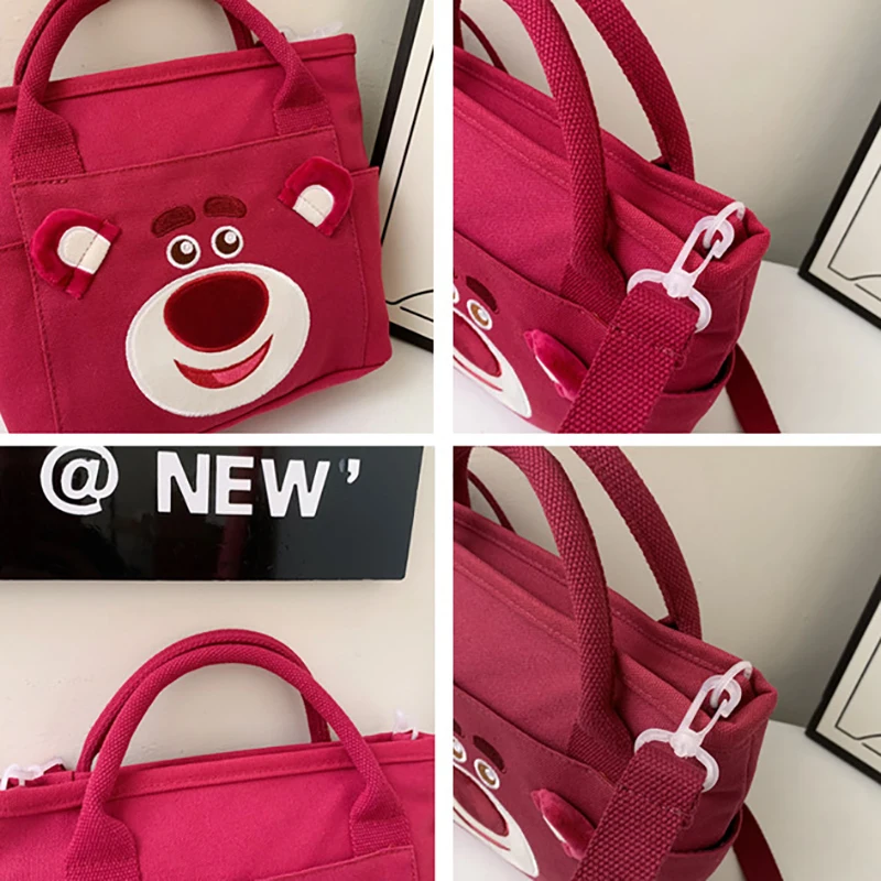 MINISO Cartoon Fashion Strawberry Bear Canvas Bag Large Capacity Shoulder Bag Crossbody Bag Bento Bag Student Handbag