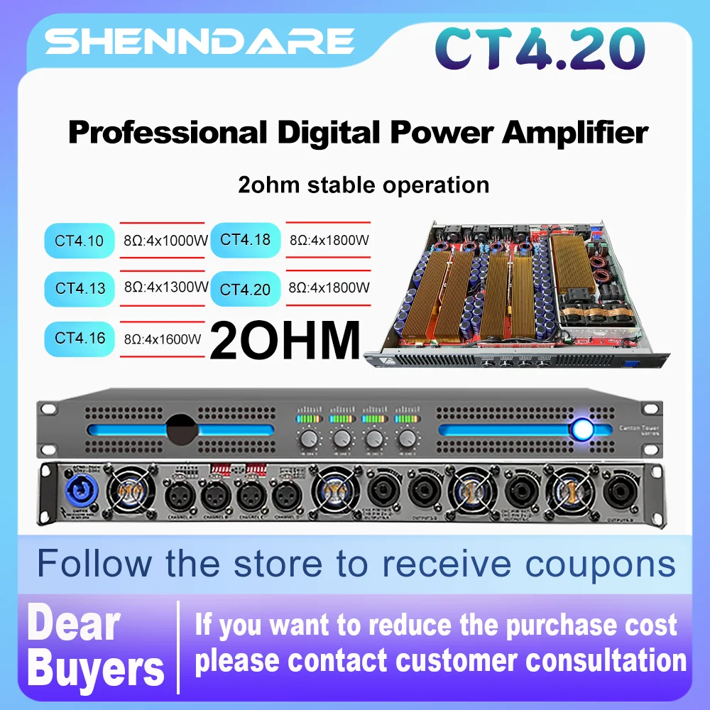 Amplificador de potencia estable profesional ShennDare CT4.20 de 2 ohmios, 4 x 4500 W, 2 ohmios, amplificador de sonido profesional de 4 canales, 4 x 2000 W, 8 ohmios, subwoofer para DJ, altavoz de matriz de línea
