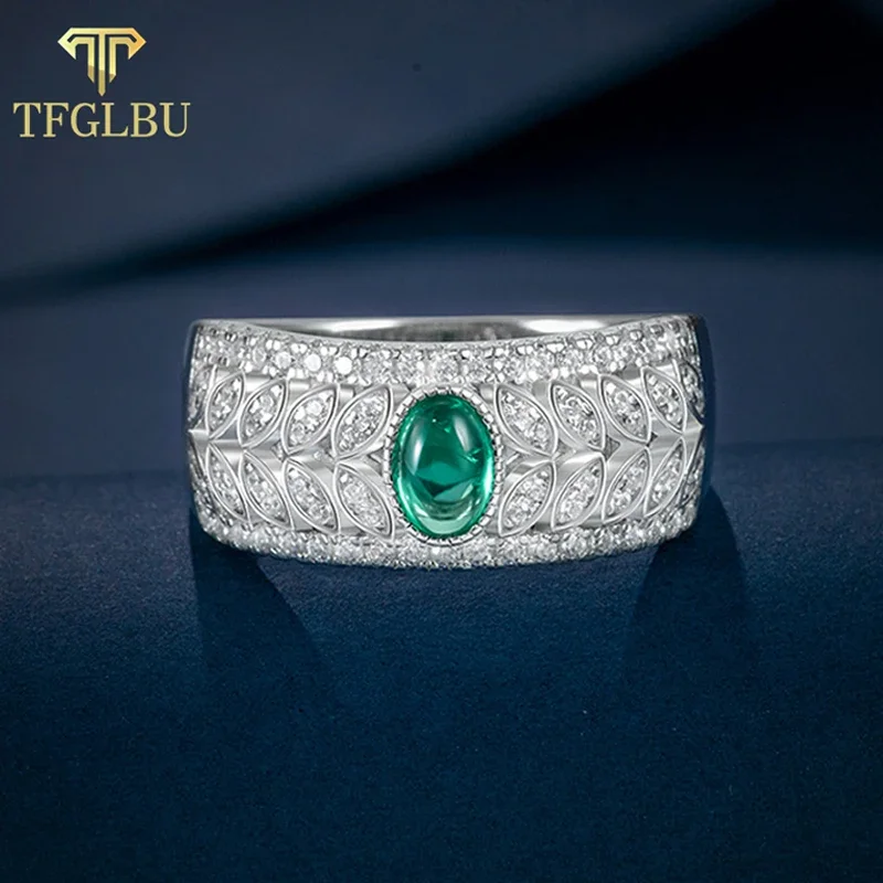 TFGLBU 4*6mm 0.8CT Trendy Oval Colombian Emerald Ring for Women/men Solid 925 Silver Retro Palace Olive Leaf Band Luxury Jewelry