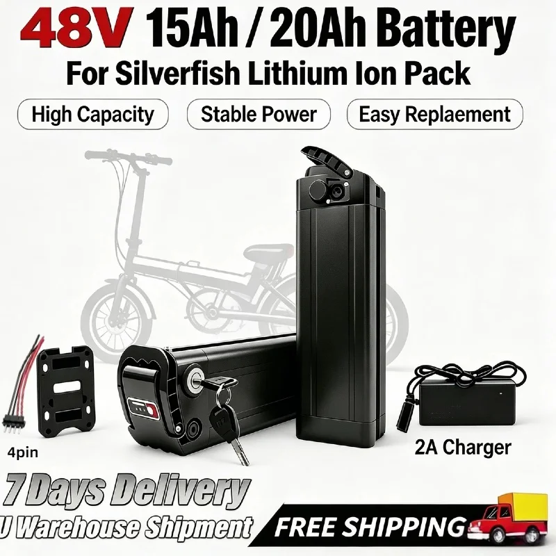 48V 15Ah/20Ah Silverfish 21700 Hochwertiger Lithium-Ionen-Akku mit passendem Ladegerät, stabiler, kontinuierlicher Hochleistungs-Ersatzakku für 500W 750W 1000W Motoren, zuverlässiges