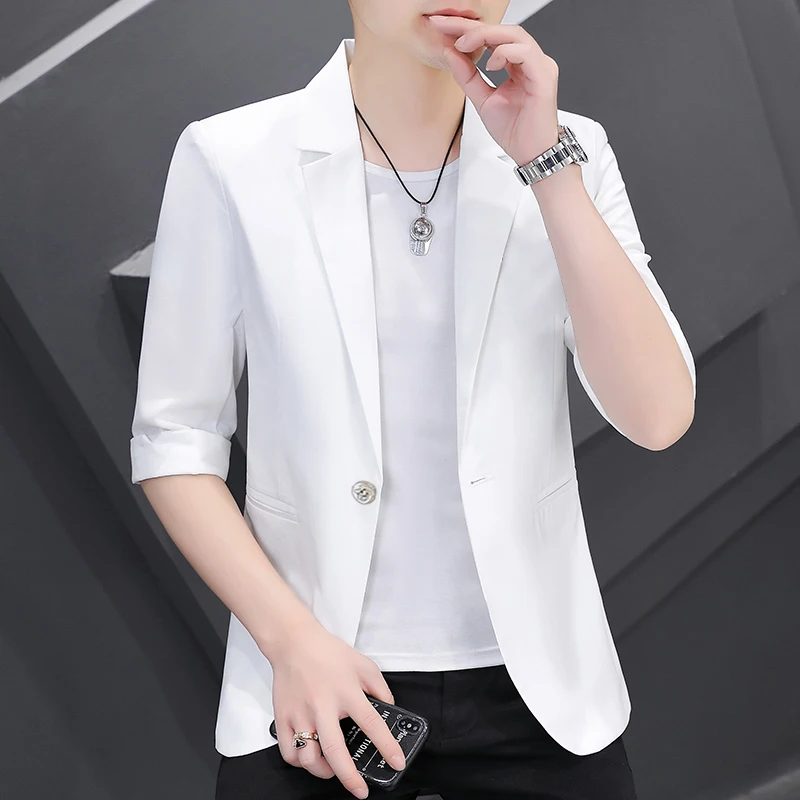 

Мужской летний тонкий пиджак-куртка Slim Fit с коротким рукавом, молодежный, стильный, с разрезами, для весны и лета