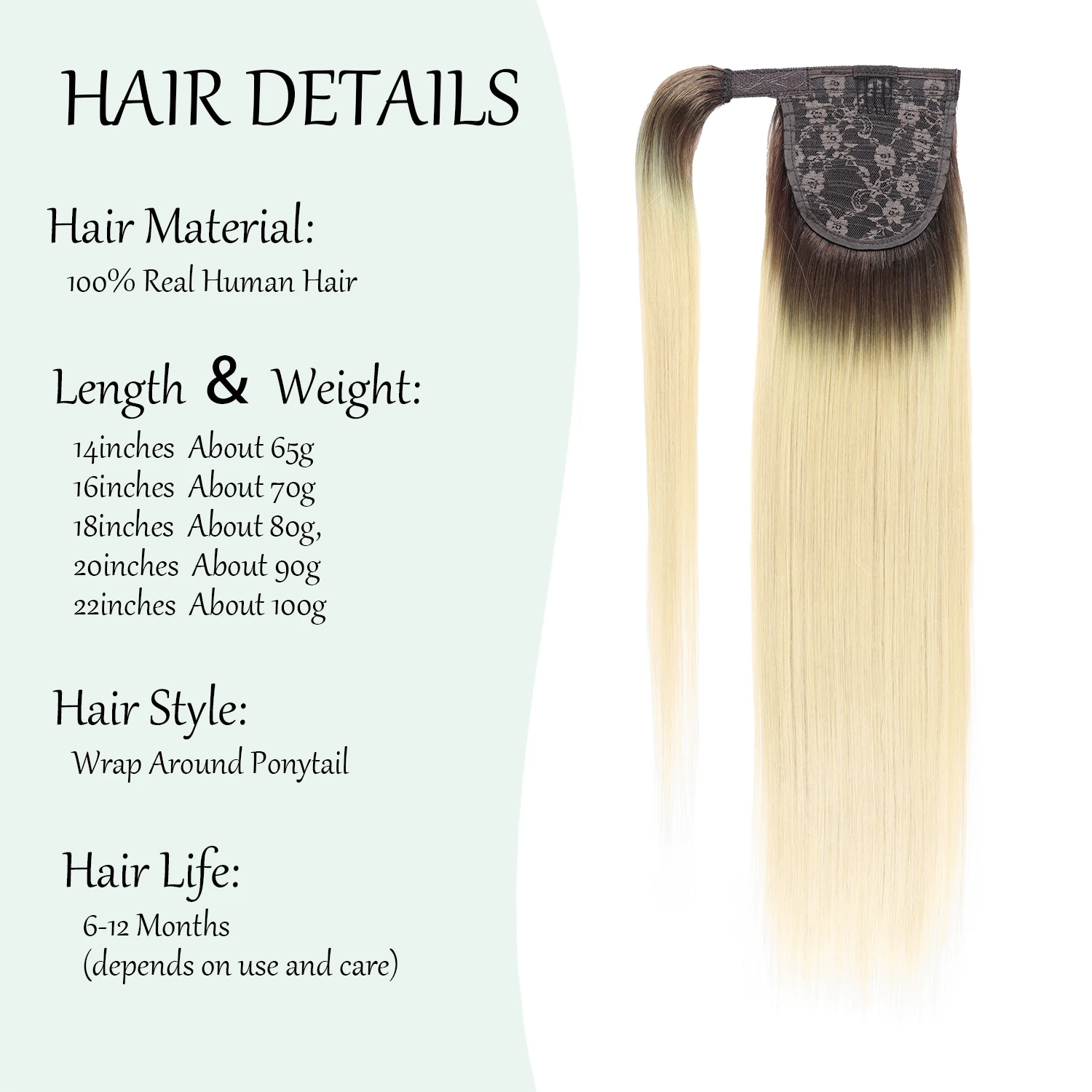 Ombre Ash Brown to Platinum Blonde Human Hair Ponytail Extensions With Clip Straight Human Hair Wrap Around Ponytail Extensions