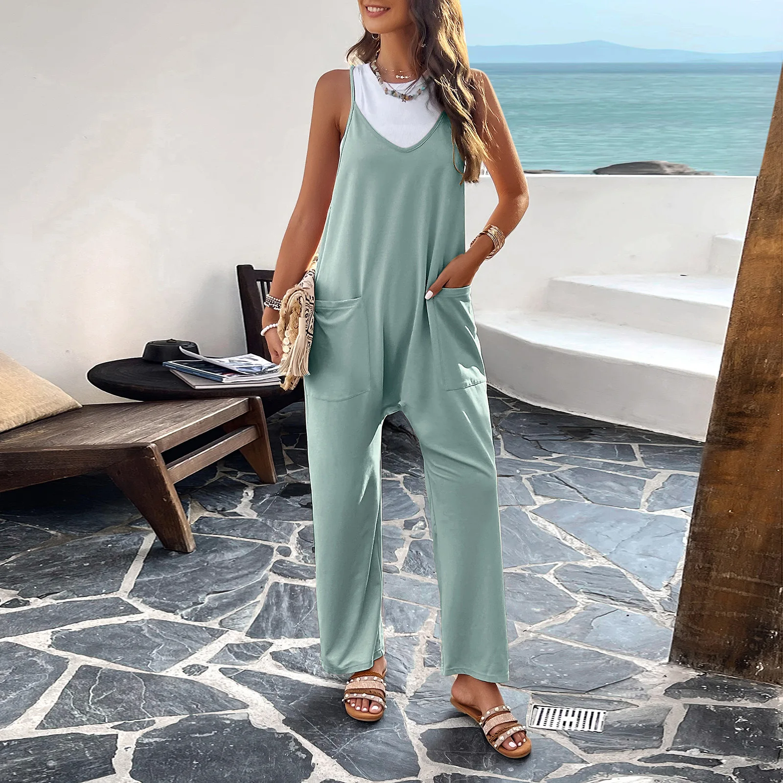 Women's Spring summer Casual V-neck Solid Color Slim Fit Camisole Jumpsuit