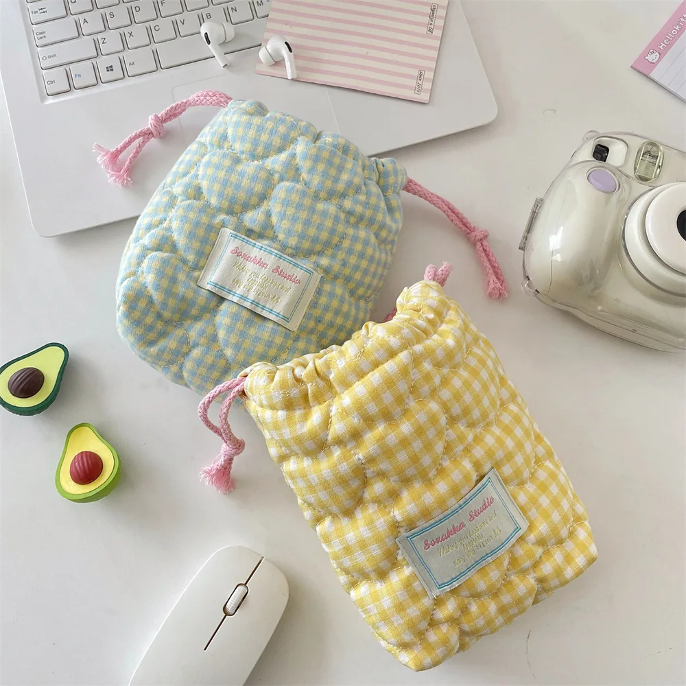 Gewatteerde liefde dames camera opbergtas snoep contrasterende kleur geruite vrouwelijke cosmetische tas draagbare trekkoord meisjes clutch waszakken