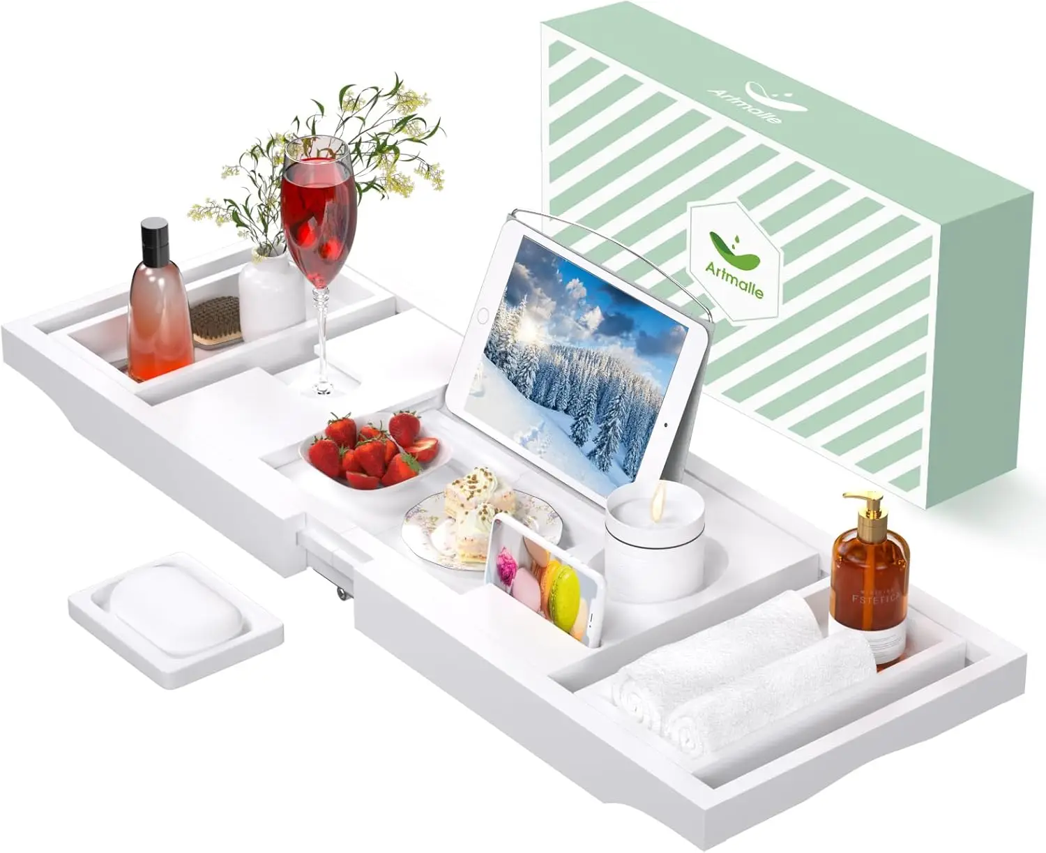 

Expandable Foldable Bamboo Bathtub Tray with Book Holder, Wine Glass Slot, and Waterproof Design for Relaxing Baths