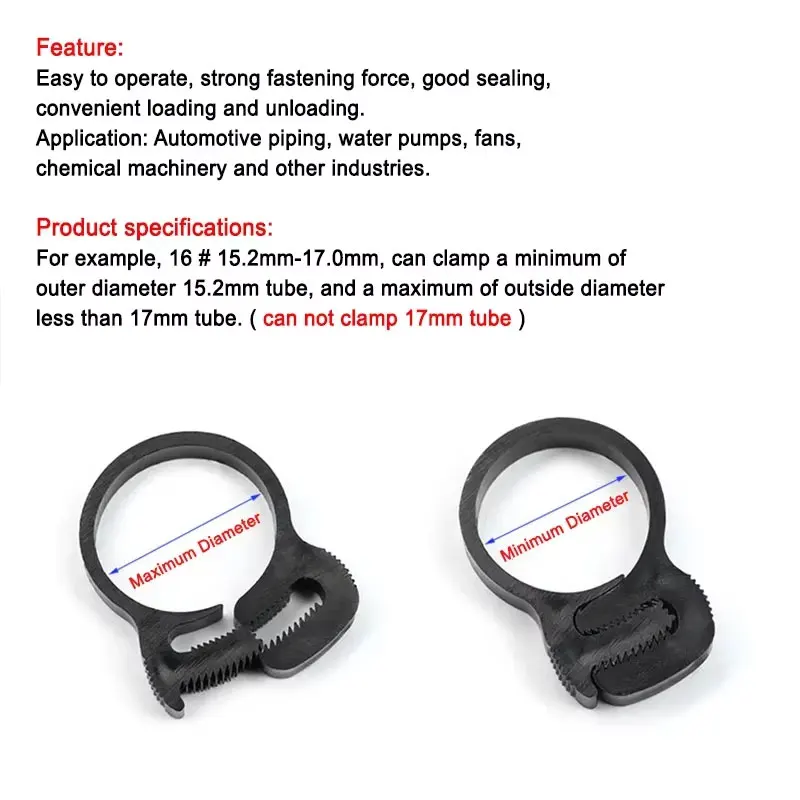 5pcs Plastic Hose Clamps Black 10.4mm ~ 69mm Spring Cramp Fuel Air Tube Fitting Fastening Buckles Use To Water Pipe Strong Clip