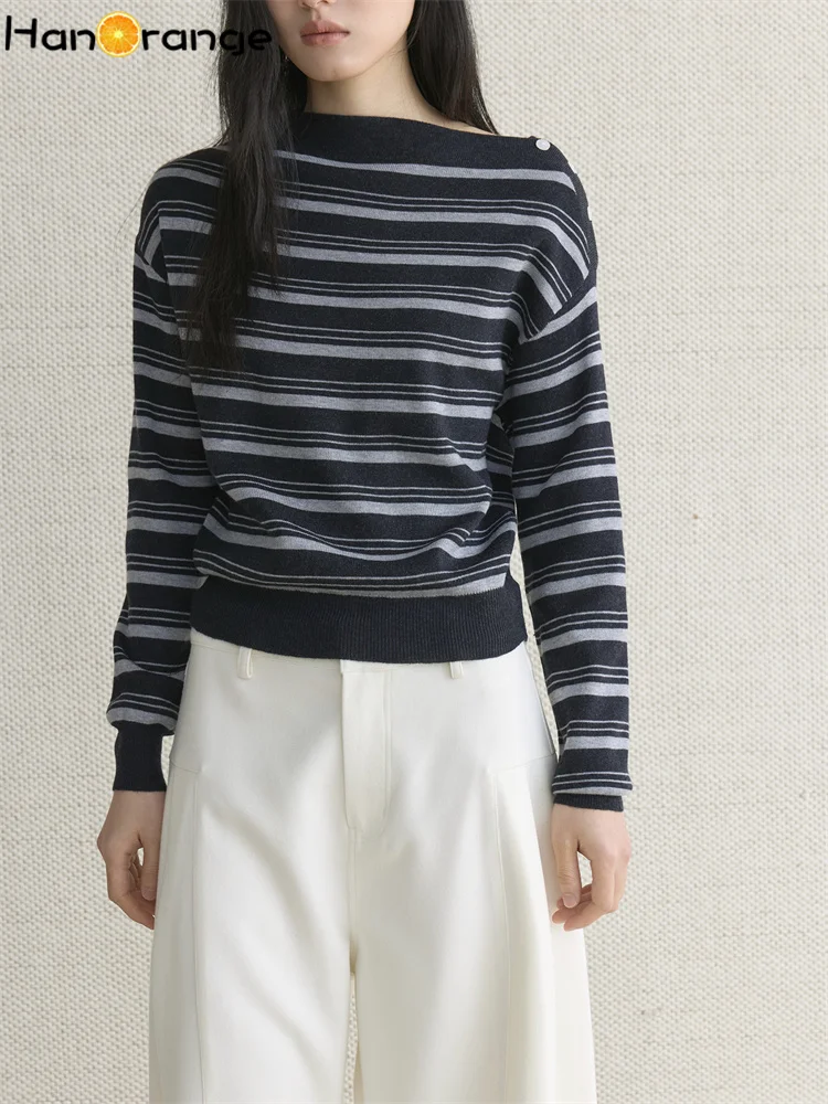 

HanOrange 2026 Early Spring Simple Fashion Thick Striped Slash Neck Wool Sweater Women Loose Silhouette Top White/Gray