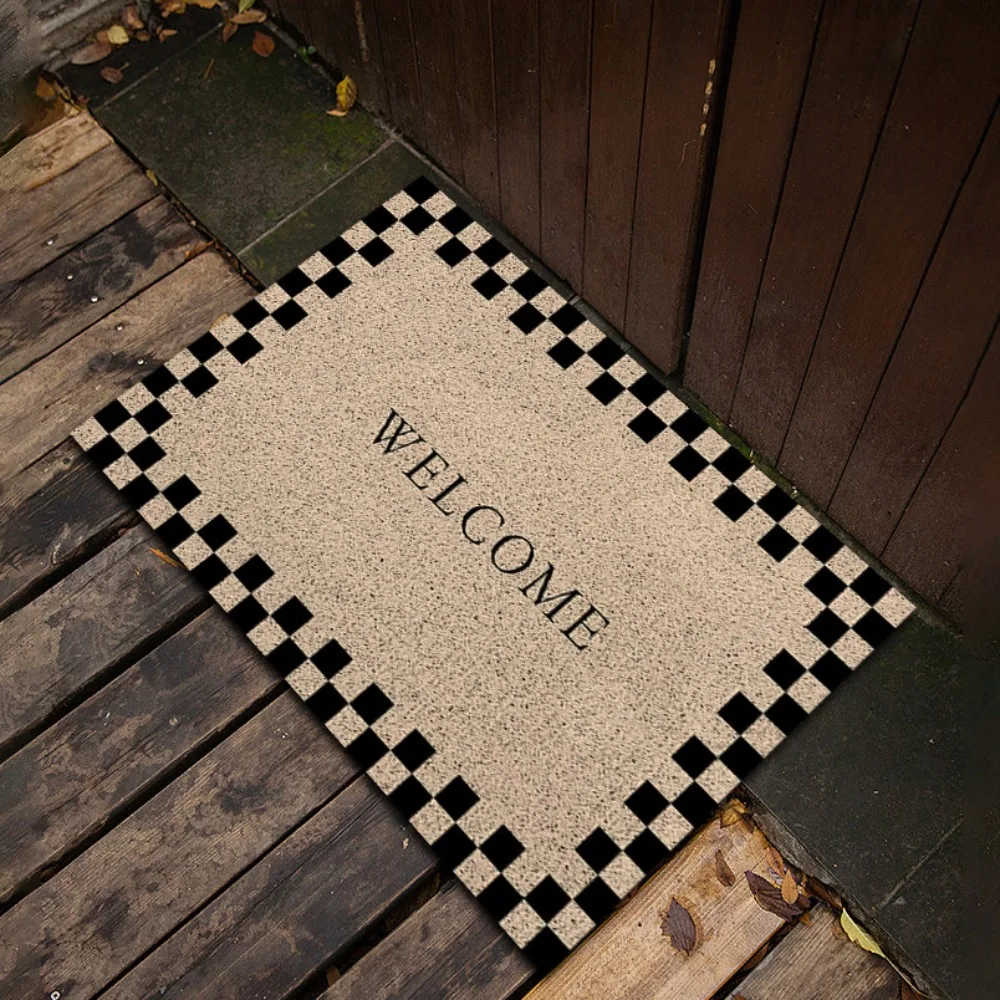 Vintage Checkered Border Door Mat Beige Carpet with 