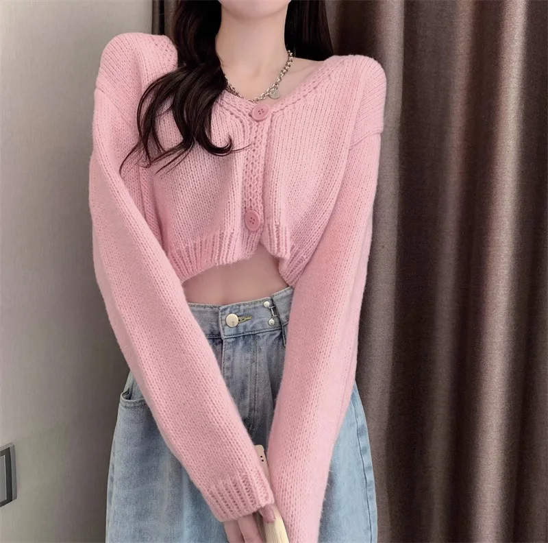 Box-fit Crop Cardigan Sweater Button Front Long Sleeve V-Neck Pastel Plain Knit Jacket Women Teen-girl Fall Winter Y2K Outfit